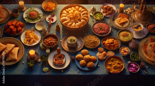 A vibrant spread of traditional Ramadhan food, including dates, samosas, and biryani photo