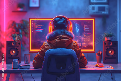 gamer in headphones plays at the computer, neon background photo