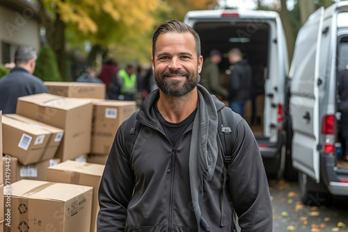 Man standing next to a van. Worker from moving company. Many boxes piled up in front of a house. Moving household goods. © Degimages
