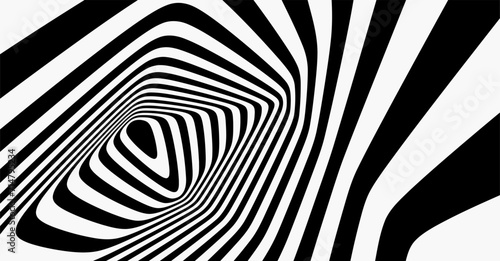The geometric background by stripes. Black and white modern pattern with optical illusion. 3d vector illustration for brochure, annual report, magazine, poster, presentation, flyer or banner.
