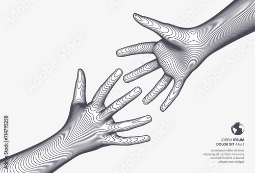 Hands reaching towards each other. Concept of human relation, togetherness or partnership. 3D vector illustration. Can be used for advertising, marketing or presentation.