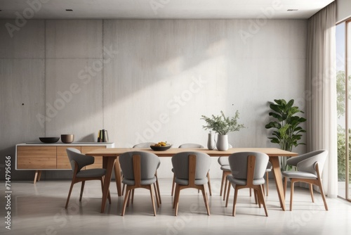 Wallpaper Mural Interior home design of modern dining room with chairs and dining table with wooden furniture and houseplants near the window Torontodigital.ca