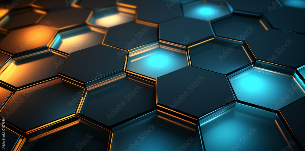 Geometrischer Hintergrund mitglänzenden farbigen Sechsecken, im Stil der Hintergrundbeleuchtung, geformte Leinwand, dunkles Cyan und Bernstein, realistische Beleuchtung, Leuchtkasten, helles Schwarz Geometrischer Hintergrund mitglänzenden farbigen Sechsecken, im Stil der Hintergrundbeleuchtung, geformte Leinwand, dunkles Cyan und Bernstein, realistische Beleuchtung, Leuchtkasten, helles Schwarz