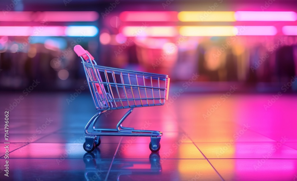 Shopping cart with blurred shopping center background Shopping cart with blurred shopping center background