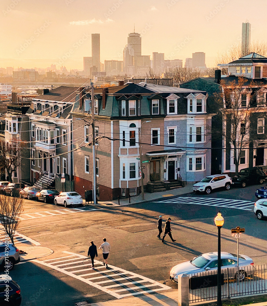 Fototapeta premium South Boston Thomas Park Dorchester Heights sunset over Boston skyline