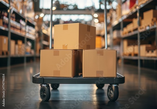 Cardboard box packages on trolley in a warehouse photo