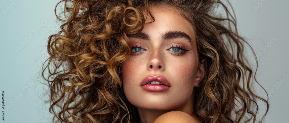 Curls cascade around a model's face, her striking blue eyes a captivating window to the soul, framed by beauty Curls cascade around a model's face, her striking blue eyes a captivating window to the soul, framed by beauty