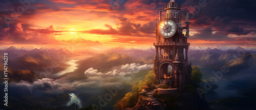 In a dreamy world, a watchtower stands tall, creating a captivating wallpaper. This enchanting image blends fantasy and architecture, inviting viewers into a whimsical and imaginative setting. photo