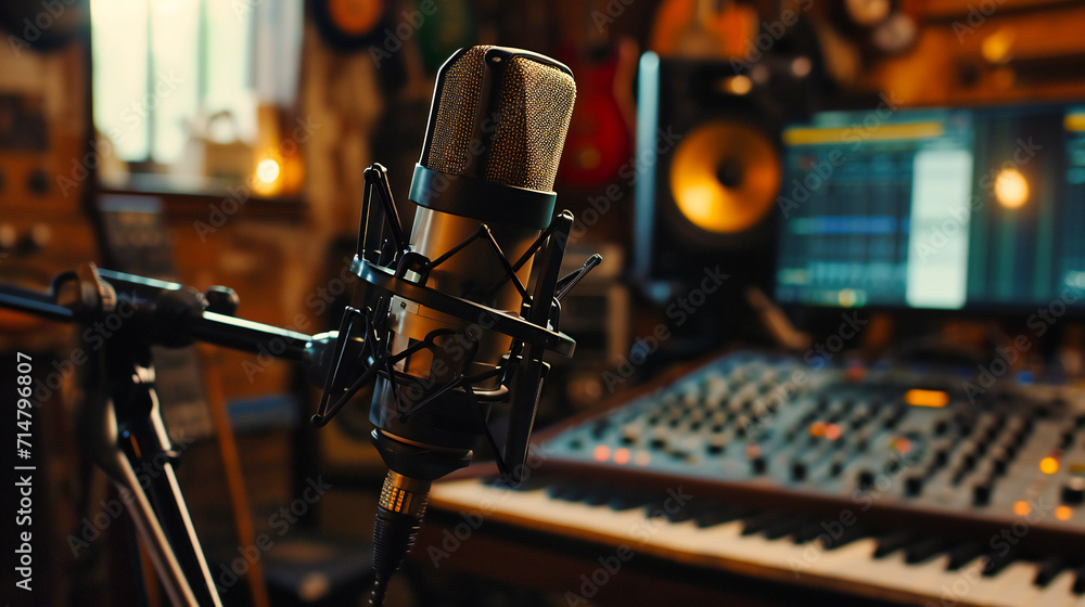 Close-up of a microphone in a recording studio, capturing the essence of sound recording and entertainment. - obrazy, fototapety, plakaty 