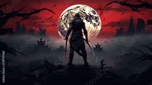 In a moonlit background, a fantasy ninja warrior wields a sword. This captivating image blends mystery and action, capturing the essence of a skilled and enigmatic character. photo