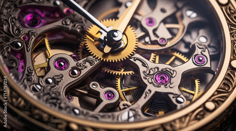 close up shot of the inner workings of a luxury watch, in the style of historical, silver and gold, steampunk inspired, decorative backgrounds
