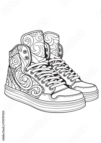Sport shoe sneakers. Vector lineal illustration on the white background. Coloring page for adults and kids