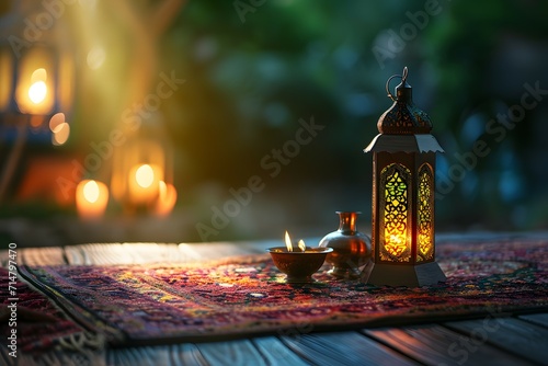 A Ramadan background with a beautifully crafted lantern on a wooden surface and hanging lights against the backdrop