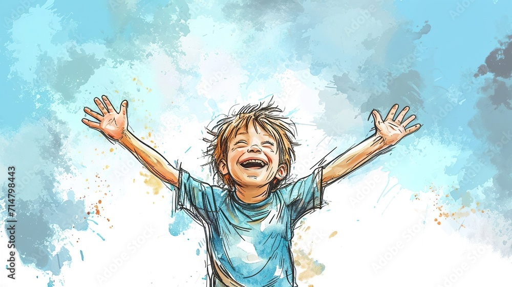 Obraz premium Cute, happy boy. Ink sketch style illustration in color, copy space