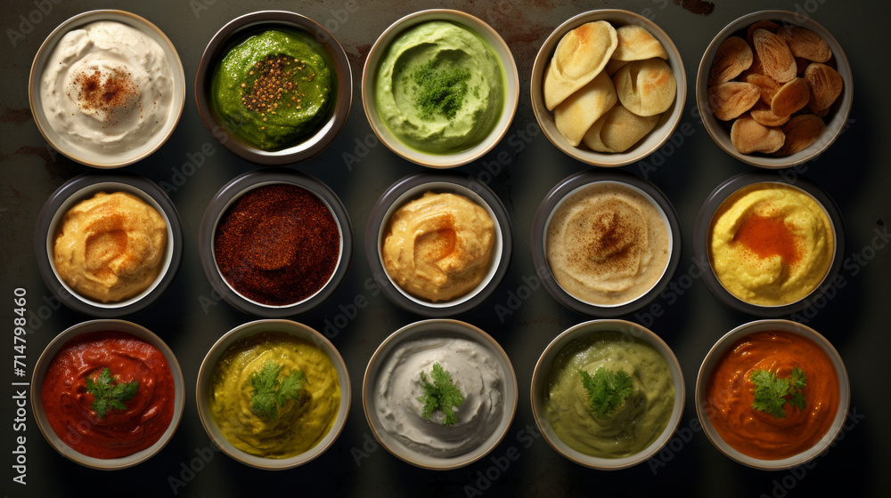 A tray of assorted Middle Eastern dips, such as baba ghanoush and muhammara, a tasty addition to any Ramadan gathering A tray of assorted Middle Eastern dips, such as baba ghanoush and muhammara, a tasty addition to any Ramadan gathering