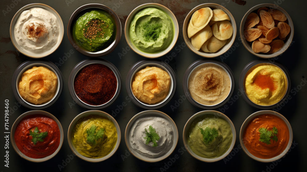 A tray of assorted Middle Eastern dips, such as baba ghanoush and muhammara, a tasty addition to any Ramadan gathering