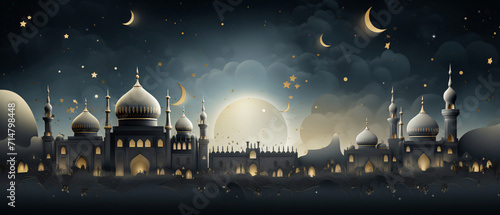 A serene Islamic background for a mosque in shades of gray. The minimalist design creates a peaceful ambiance, ideal for digital settings or presentations related to Islam.