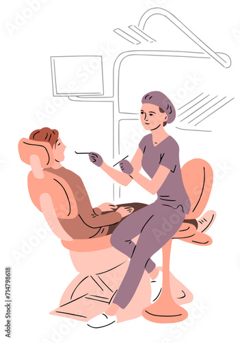 Patient and dentist. A woman doctor examines and treats teeth. Dental clinic. Flat vector illustration isolated on white background