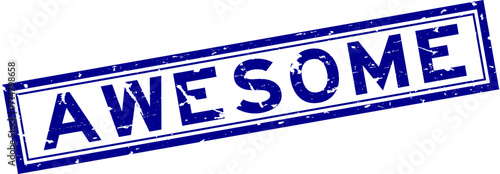 Grunge blue awesome word square rubber seal stamp on white background