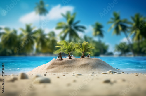 Paradiesischer Strand  Miniaturstrand an einem gro  en Strand  Modellbau am Strand mit Palmen