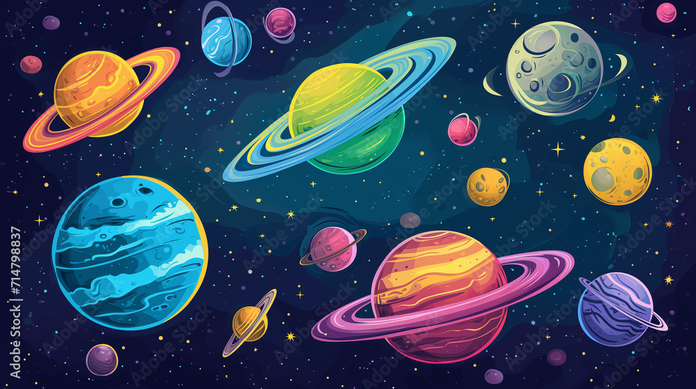 Colorful happy space doodles. Digital drawings of space with planets, star and astroids. Colorful happy space doodles. Digital drawings of space with planets, star and astroids.
