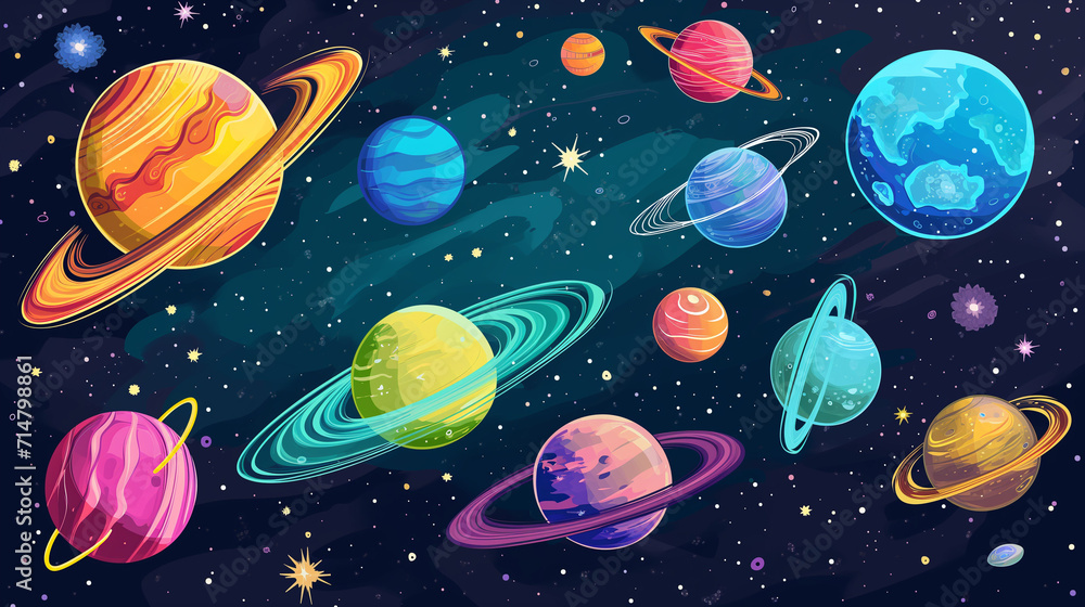 Colorful happy space doodles. Digital drawings of space with planets, star and astroids. Colorful happy space doodles. Digital drawings of space with planets, star and astroids.
