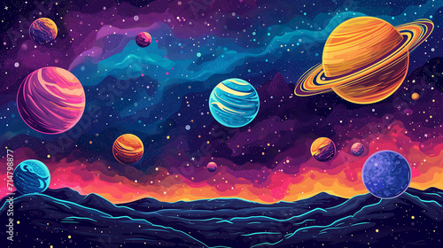 Colorful happy space doodles. Digital drawings of space with planets, star and astroids.