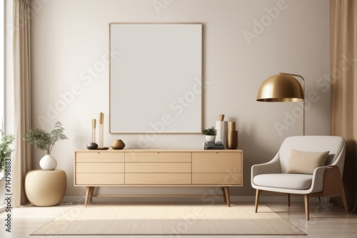 Interior home design of modern living room with beige armchair and wooden sideboard and empty frame on beige wall mockup poster