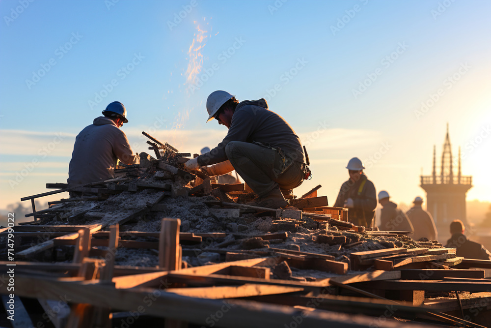 A group of people working on top of a house roof and placing tiles. Sunset backlight. People silhouettes. - obrazy, fototapety, plakaty 