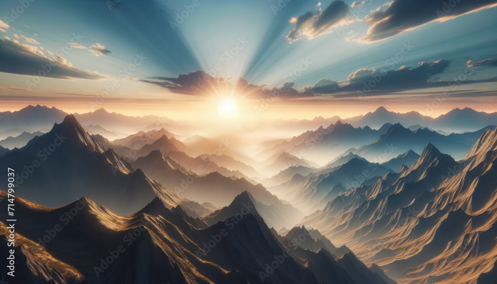 Radiant sunrise casting rays over a rugged mountainous region. Generative AI - obrazy, fototapety, plakaty 