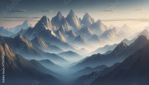 Twilight descends on layered mountain ranges with ethereal fog. Generative AI photo