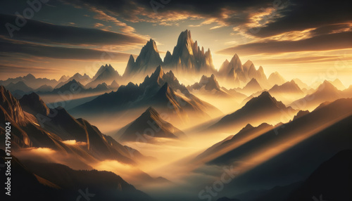Sunset illuminating sharp mountain peaks amidst a foggy landscape. Generative AI © Who is Danny