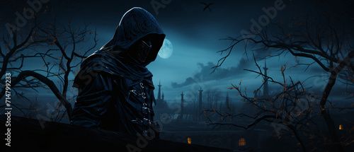 An anonymous silhouette wearing a mask and hood, conveying a sense of loneliness. This evocative image symbolizes isolation and anonymity in a mysterious and contemplative manner.