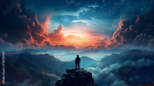 A man gazes at a majestic mountain view, captivated by the breathtaking scenery. The image reflects the awe-inspiring connection between humanity and the beauty of nature. © Shanthi