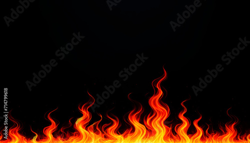 Fiery orange flames on a stark black background. Realistic fire texture. Generative AI