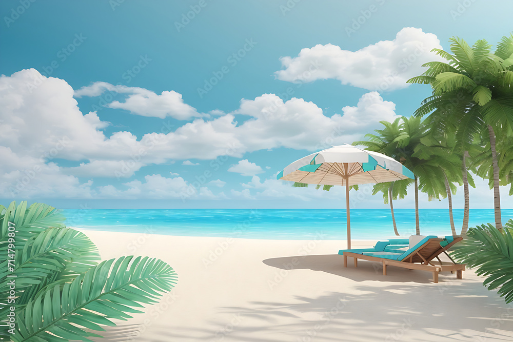 Panorama beautiful beach with white sand, turquoise ocean and blue sky with clouds on a Sunny day. Summer tropical landscape with green palm trees and Straw umbrellas with empty copy space design.