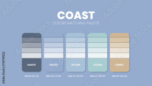 Color palette in Coast colour theme collections. Color inspiration or colour chart with codes template. Color combination set of RGB. Colors swatch for graphic design, art, fashion or website. Vector.
