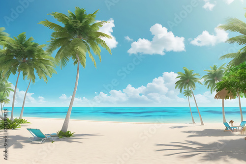 Panorama beautiful beach with white sand  turquoise ocean and blue sky with clouds on a Sunny day. Summer tropical landscape with green palm trees and Straw umbrellas with empty copy space design.