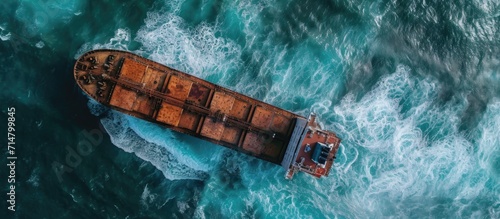 An aerial view of a stranded cargo ship after a storm. photo