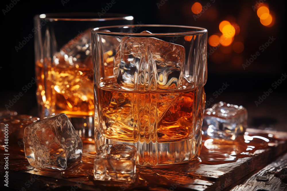 Whiskey on Ice in einem rauchig holzigen Umfeld, Genuss und Lifestyle Whiskey on Ice in einem rauchig holzigen Umfeld, Genuss und Lifestyle