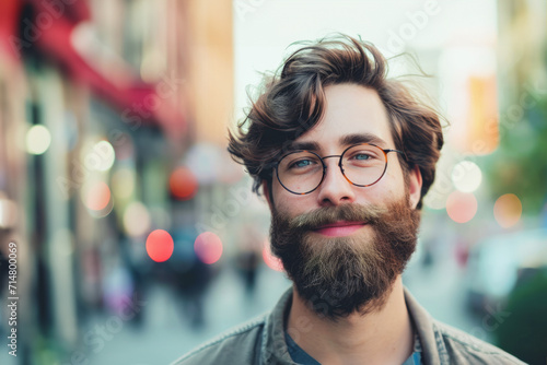 features a man wearing glasses and smiling. He has a beard and is outdoors  likely on a street. The man s attire and facial expression suggest a casual and friendly demeanor.