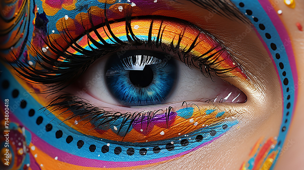 eye of model with colorful art makeup closeup