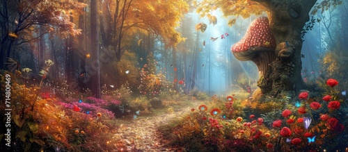 Fantasy forest with magical elements like a mushroom house, autumn tree, rose garden, butterfly, and sparkly road path reflecting sunlight. photo