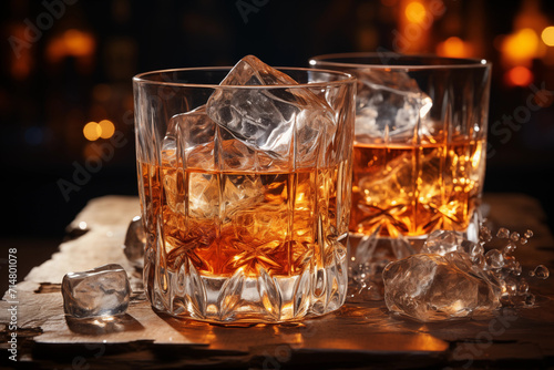 Whiskey on Ice in einem rauchig holzigen Umfeld, Genuss und Lifestyle