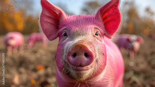 Bright pink pig stands out in a farm field.