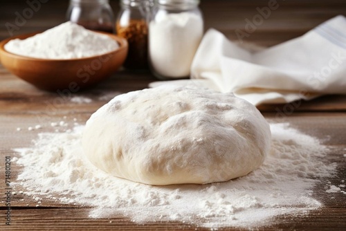 Closeup of dough made with fresh yeast, surrounded by flour on a white wooden table. Generative AI