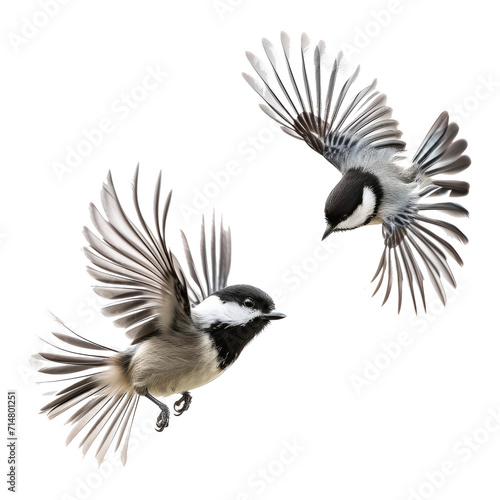a couple of little birds chickadees flying toward spread its wings and feathers © Zaleman