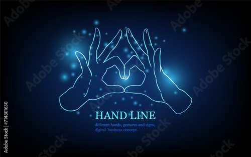Human hand line, different hands, gestures and signs, love concept, futuristic digital innovation background vector illustration.