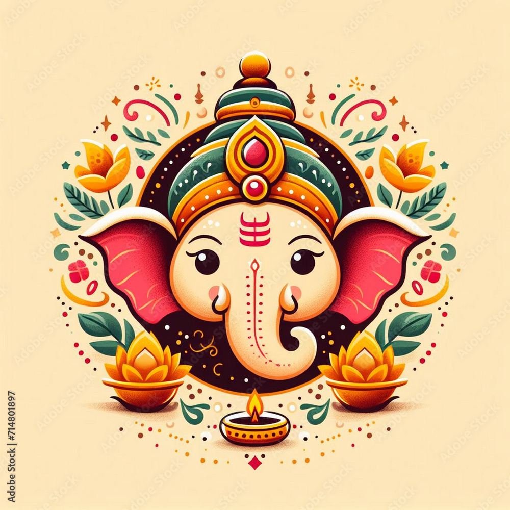GudiPadwa ganesha head in 2d style with simple background simple color and simple background