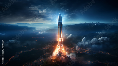 Image of a space rocket taking off from the launch pad. sent to explore outer space photo